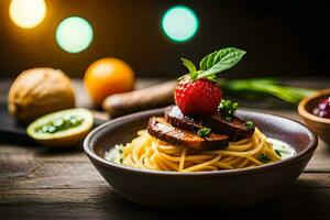 spaghetti with meat and strawberries on a wooden table. AI-Generated photo