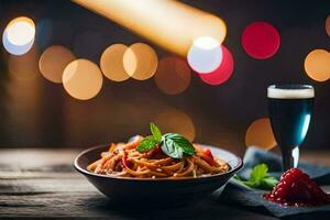 spaghetti with tomato sauce and a glass of red wine. AI-Generated photo