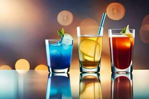 three different types of alcoholic drinks on a table. AI-Generated photo