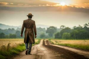 a man in a trench coat walks down a dirt road. AI-Generated photo