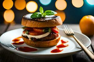 a hamburger with tomato, cheese and basil on a white plate. AI-Generated photo