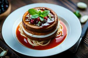 a plate with spaghetti and sauce on it. AI-Generated photo