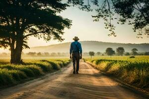 a man in a cowboy hat walking down a dirt road. AI-Generated photo