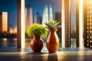 dos floreros con plantas en un mesa en frente de un paisaje urbano generado por ai foto