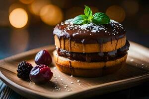 a chocolate cake with berries and mint on a wooden plate. AI-Generated photo