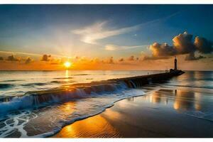the sun sets over the ocean and waves crashing into the shore. AI-Generated photo