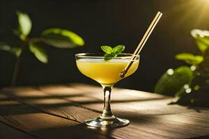 cocktail in a glass on a wooden table. AI-Generated photo