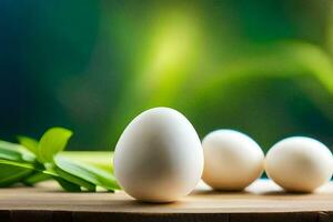 Tres huevos en un de madera mesa con verde hojas. generado por ai foto