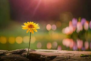 a single yellow flower stands on a log in front of a pond. AI-Generated photo