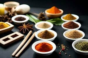 spices and herbs in bowls on a black surface. AI-Generated photo