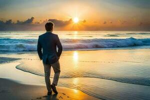 a man in a suit stands on the beach at sunset. AI-Generated photo