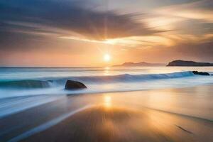 sunset on the beach, waves, rocks, ocean, hd wallpaper. AI-Generated photo