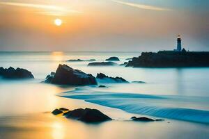 a lighthouse in the ocean at sunset. AI-Generated photo