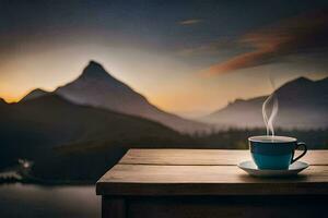 a cup of coffee on a table in front of a mountain view. AI-Generated photo