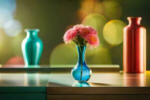 a vase with pink flowers sitting on a table. AI-Generated photo