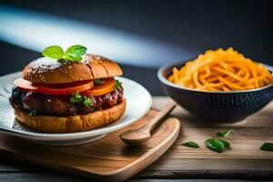 a hamburger with vegetables and a side of noodles. AI-Generated photo
