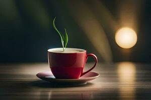 a red cup of coffee with a green plant growing out of it. AI-Generated photo