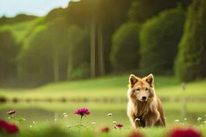 a dog is standing in the grass near a pond. AI-Generated photo