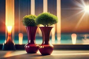 two vases with plants sitting on a table in front of a window. AI-Generated photo