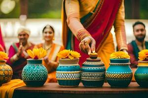 a woman in a sari is holding a pot with flowers. AI-Generated photo