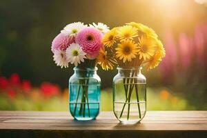 two vases with flowers on a wooden table. AI-Generated photo