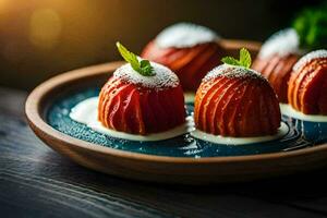 three strawberries on a plate with cream. AI-Generated photo