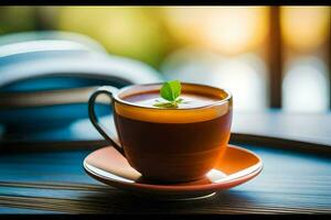 a cup of tea on a saucer with a leaf on it. AI-Generated photo