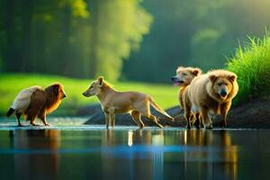 photo wallpaper the water, dogs, the forest, the sun, the animals, the animals,. AI-Generated