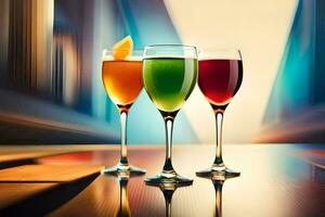 three glasses of different colored drinks on a table. AI-Generated photo