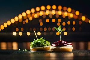 two sandwiches with green leaves on them in front of a bridge. AI-Generated photo
