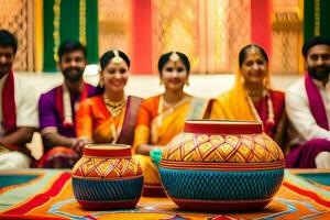 a group of people in colorful saris sitting around a pot. AI-Generated photo