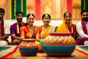 un grupo de personas en vistoso saris sentado alrededor un maceta. generado por ai foto