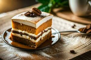 a slice of cake with cream and coffee beans. AI-Generated photo