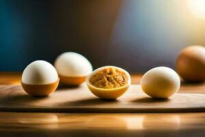 eggs on a wooden board with a light background. AI-Generated photo