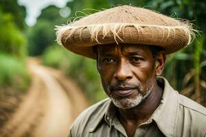 a man wearing a straw hat on a dirt road. AI-Generated photo