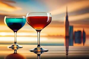 dos lentes de vino con un ciudad horizonte en el antecedentes. generado por ai foto