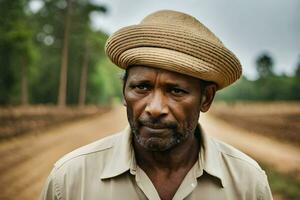 a man wearing a hat stands in a field. AI-Generated photo