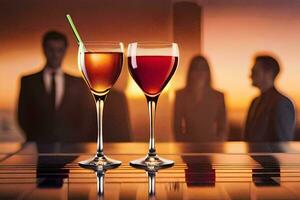 two glasses of wine with a man in the background. AI-Generated photo