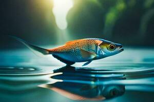 un pescado es flotante en el agua con un brillante ligero. generado por ai foto