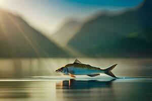 un pescado es nadando en el agua con montañas en el antecedentes. generado por ai foto