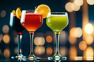 three glasses of different colored drinks on a table. AI-Generated photo