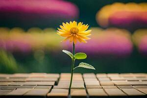 un soltero amarillo flor se sienta en parte superior de un de madera mesa. generado por ai foto