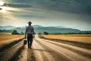 un hombre caminando abajo un suciedad la carretera con un balde. generado por ai foto