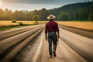 a man in a hat walks down a dirt road. AI-Generated photo