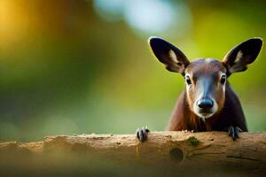 a deer with big ears sitting on a log. AI-Generated photo