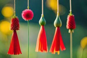 red tassels hanging from strings in the grass. AI-Generated photo