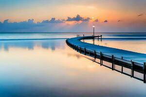 a pier stretches out into the ocean at sunset. AI-Generated photo