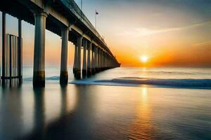 the sun rises over the ocean and pier. AI-Generated photo