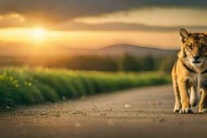 a tiger walking on a road at sunset. AI-Generated photo