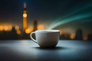 a cup of coffee on a table in front of a cityscape. AI-Generated photo